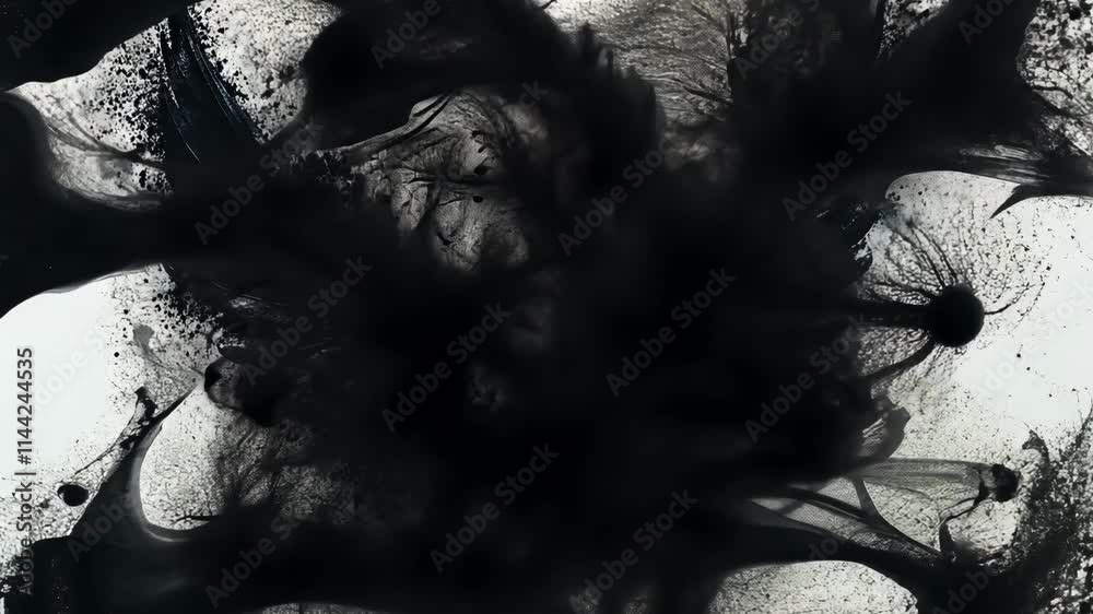 Poster abstract ink swirling in black and white creates intricate patterns with depth and texture in a mesm