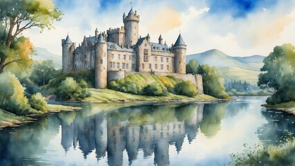 Fototapeta premium Watercolor painting of an Irish castle by a lake with reflections of the castle and surrounding greenery in the still waters