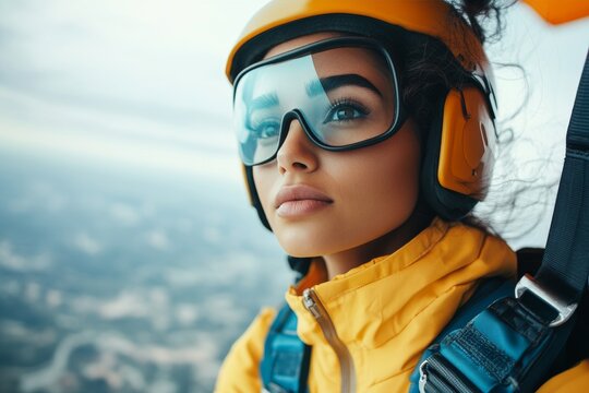 Woman prepares for an exhilarating tandem skydiving experience over scenic landscapes in sunny weather