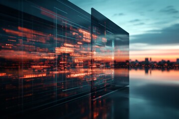 Dynamic digital interface glowing over tranquil water at sunset near a city skyline