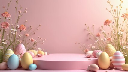 Abstract Easter empty scene with colorful eggs on a light background. Template for advertising and shopping in pastel colors. Platform for product display. Design for card, poster with copy space
