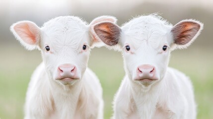 Obraz premium Two adorable white calves standing side by side in a field.
