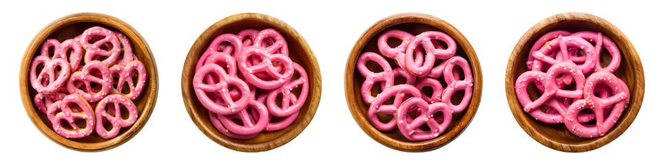 Pink Chocolate-Covered Pretzels in a Wooden Bowl