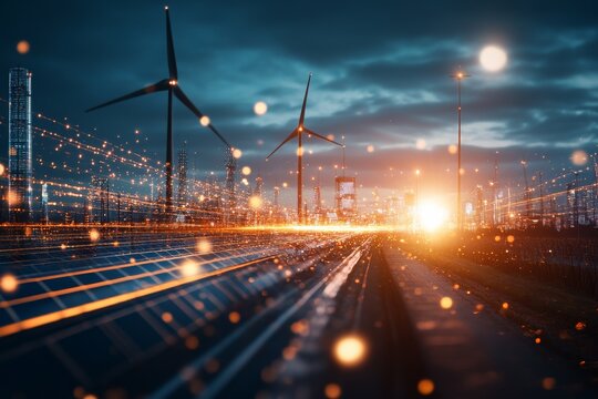Wind turbines generate renewable energy at dusk with sparkling lights and a vibrant city skyline in the background