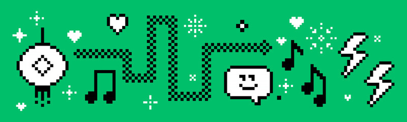 Fototapeta premium 2025 Chinese New Year horizontal banner in pixel art with snake. Y2k retro vector illustration. Asian Holidays Lunar New Year modern art design for tech and IT companies, poster. Green background