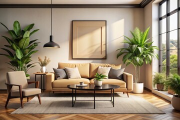 Fototapeta premium Modern Beige Living Room Design: 3D Render with Rule of Thirds, Plants & Natural Light