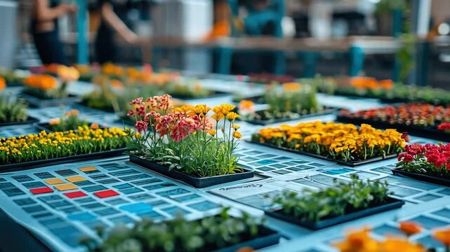 Vibrant Floral Display: A captivating close-up showcasing a meticulously arranged collection of colorful flowers in small pots, creating a stunning and diverse tapestry of blooms.