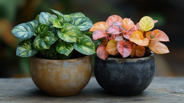 Two potted plants, one with green and yellow leaves, the other with orange and pink leaves, sit side by side on a wooden surface. - Powered by Adobe