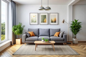 Modern Gray Sofa Living Room Interior Design - Bird's Eye View - Empty Wall Frames