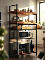 Modern multi functionable wooden shelf with dishware set, microwave and coffee glass jars, the shelf mounted on beige wall with sunlight through glass window in the kitchen, furniture home decoration