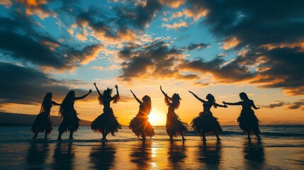 A group of Hawaiian dancers performing a hula dance on a beach at sunset