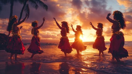 A group of Hawaiian dancers performing a hula dance on a beach at sunset