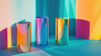 Cylindrical objects in rainbow hues casting shadows on a vivid turquoise surface, creating depth and contrast