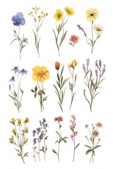 Watercolor painting of twelve delicate wildflowers, isolated on white.