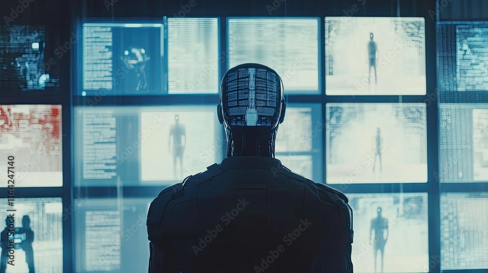 Poster robot monitors data from multiple screens in a futuristic setting