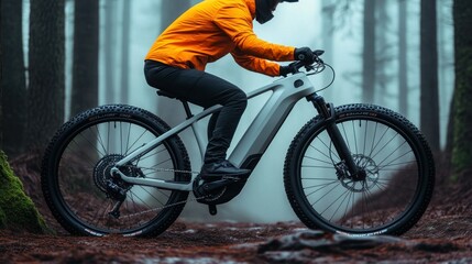 Naklejka premium Mountain biker navigating a foggy forest trail.