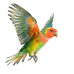 Fototapeta premium Vibrant Parrot in Flight: A stunning close-up of a colorful parrot with wings outstretched in mid-flight. The parrot's vibrant plumage is showcased against a clean background.