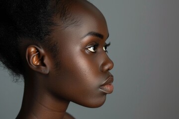 Close up profile portrait of african american young woman against gray background