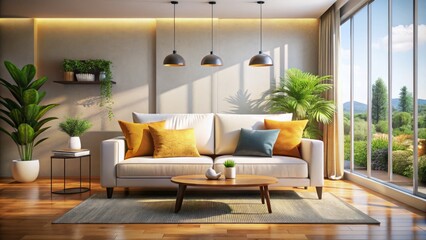 Obraz premium Modern Living Room Sofa Mockup: Empty White Cushion Action Shot for Interior Design