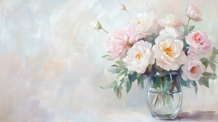 Fototapeta premium Elegant pastel flowers in a glass vase against a soft, light background, evoking serenity and beauty