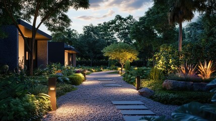 Obraz premium Evening view of a modern garden path with warm accent lights, blending structure and organic elements in a stylish yard