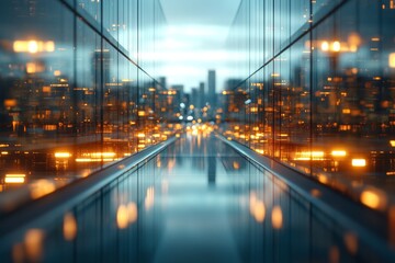Obraz premium Urban landscape with reflective buildings and city skyline at dusk capturing vibrant urban lights along the pathway