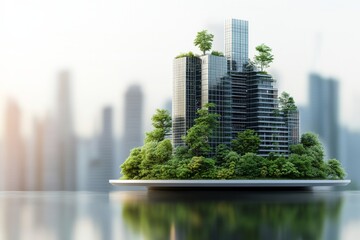 Nature-inspired architecture blends seamlessly with urban skyline in a futuristic cityscape featuring greenery on skyscrapers