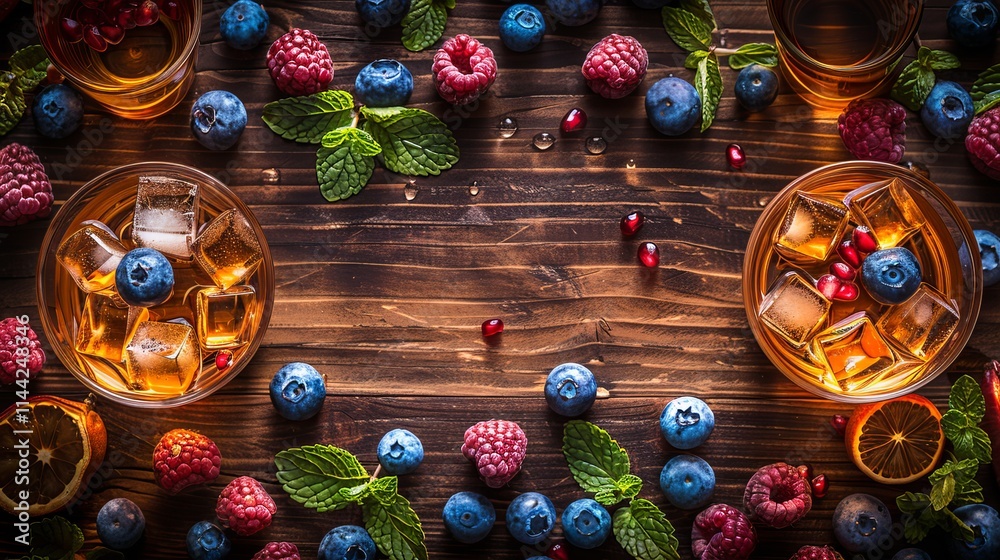 Wall mural Refreshing iced tea with berries and mint on rustic wood.