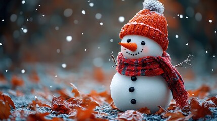 Adorable snowman in red hat and scarf amidst falling snow and autumn leaves.