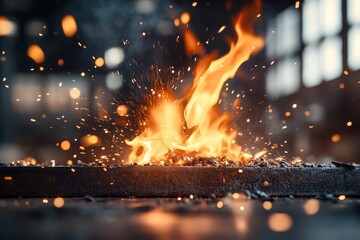 Fire ignites from glowing hot metal in a workshop during evening hours