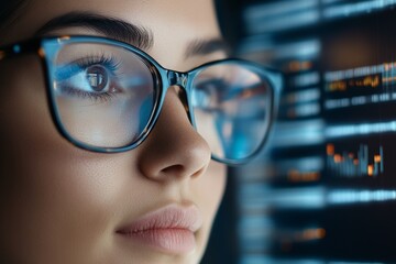 Focused woman analyzes data on computer screen in a modern workspace during evening hours