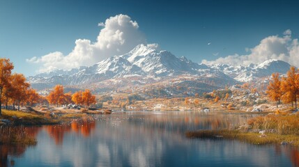 Serene autumn landscape with mountains and lake.