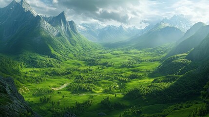 Fototapeta premium A panoramic green landscape with mountains and valleys,