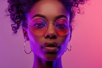 Obraz premium Stylish young African woman in pink glasses on party background.