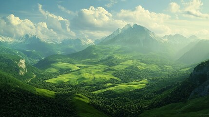 Fototapeta premium A panoramic green landscape with mountains and valleys,