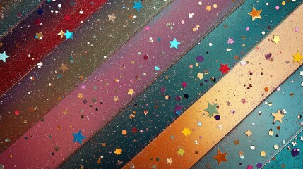 Glittering diagonal borders filled with colorful stars and metallic confetti, set against a pearlescent background for holiday party themes.