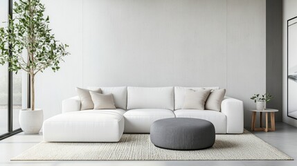 Minimalist, Scandinavian style home interior design of modern living room with white sectional sofa.