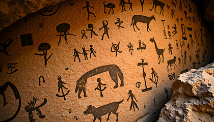 Ancient petroglyphs on cave wall depicting animals and human figures in archaeological site
