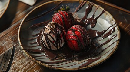 Fototapeta premium Delicious Strawberries Topped with Cream and Chocolate Sauce
