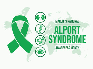 March is Alport Syndrome Awareness Month poster vector illustration. Green awareness ribbon, genetic condition, kidney disease, hearing, sight icon set vector. Template for background, banner, card