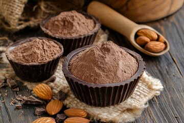 Fototapeta premium Cocoa Powder in a Chocolate Bowl with Almonds