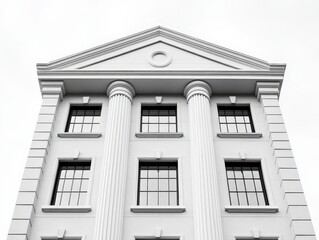 A monochrome image of a classical building featuring tall columns, large windows, and an ornate triangular pediment.
