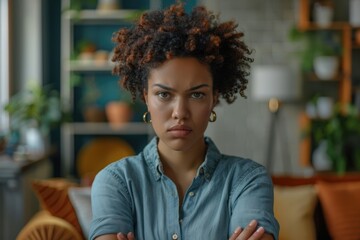 Fototapeta premium Young woman distrusts unfaithful boyfriend looks sternly at camera.