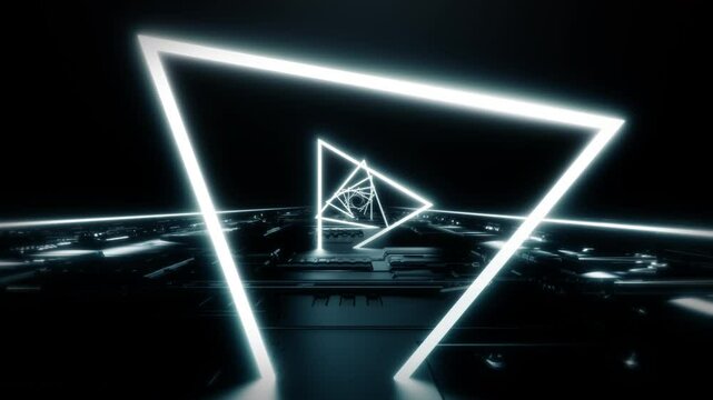 Neon Reflection VJ Universal Background Loop. 3D rendering. Travel passing neon nebula on light bridge with reflection go to deep background seamless loop.
