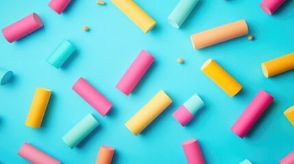 Minimalistic display of vibrant cylindrical shapes scattered across a clean turquoise background