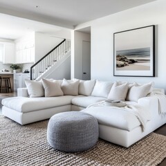 Fototapeta premium Minimalist, Scandinavian style home interior design of modern living room with white sectional sofa.