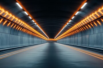 Industrial tunnel illuminated by orange lights with smooth concrete floor and fresh paint