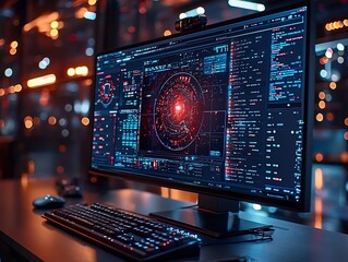 High Tech Antivirus Cybersecurity Interface on Computer Monitor with Alerts and Secured Areas