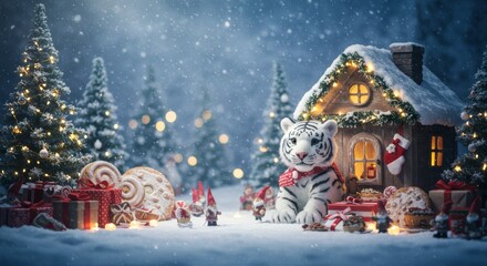Fototapeta premium A cute Tiger stuffed animal in a Christmas scene, animals in christmas, a cute stuffed animal puppet, Tiger