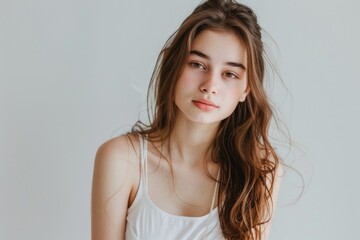Naklejka premium Beautiful girl model in casual summer clothes no makeup portrait